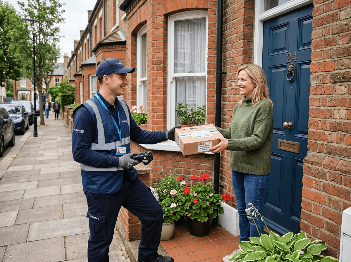 Courier handing a parcel to a customer at the doorway