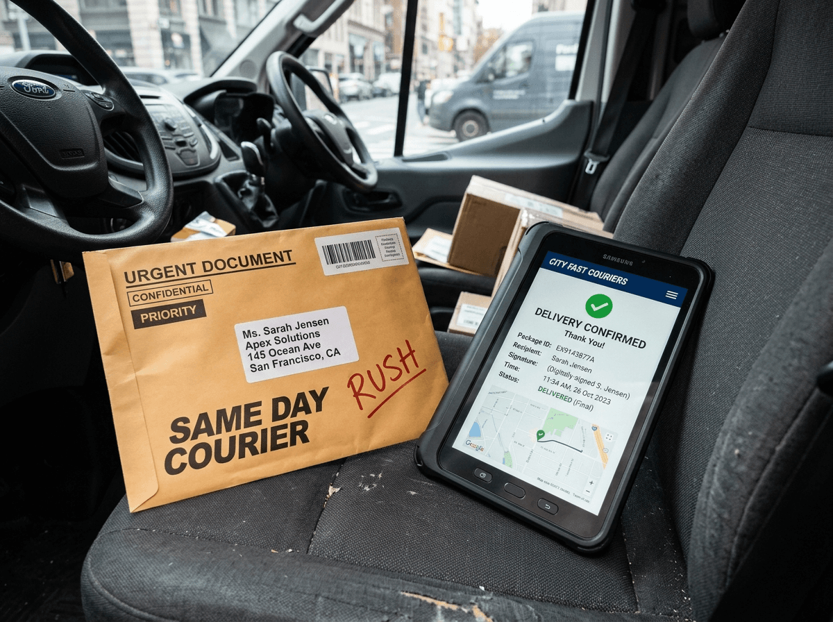 Urgent document envelope and delivery confirmation on a van seat