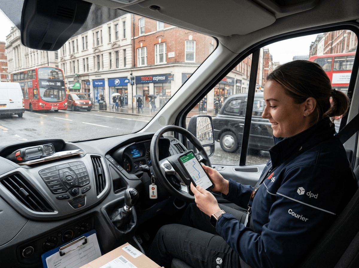 Courier checking the route on a phone GPS inside the van cab